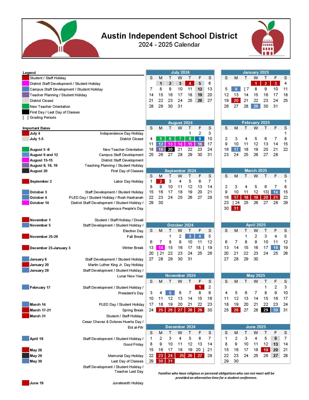 Austin ISD Calendar 2024-25 (Austin Independent School District)