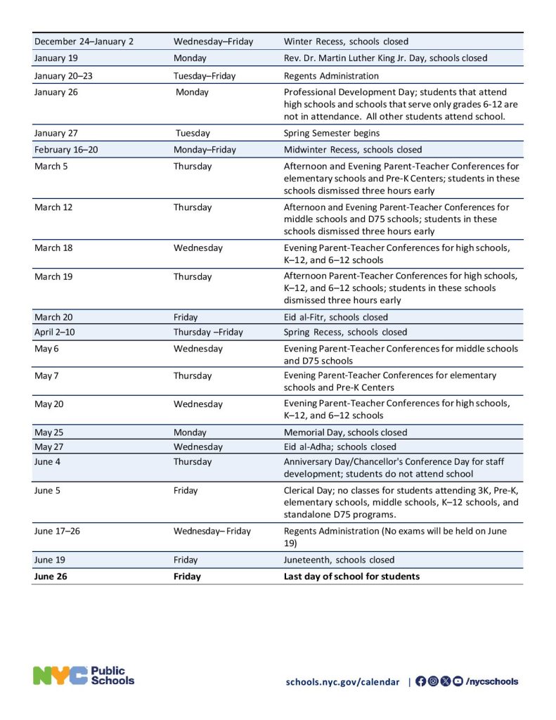 New York City School District Calendar 2026