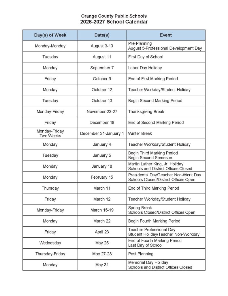 Orange County Public Schools Calendar 2026