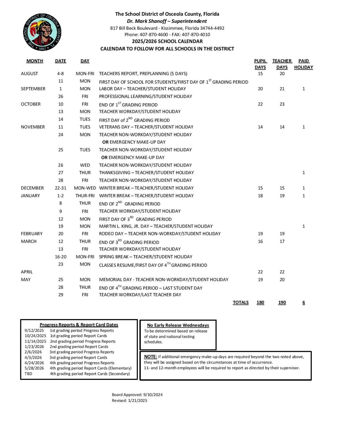 Osceola County School District Calendar 2025 2026 in PDF