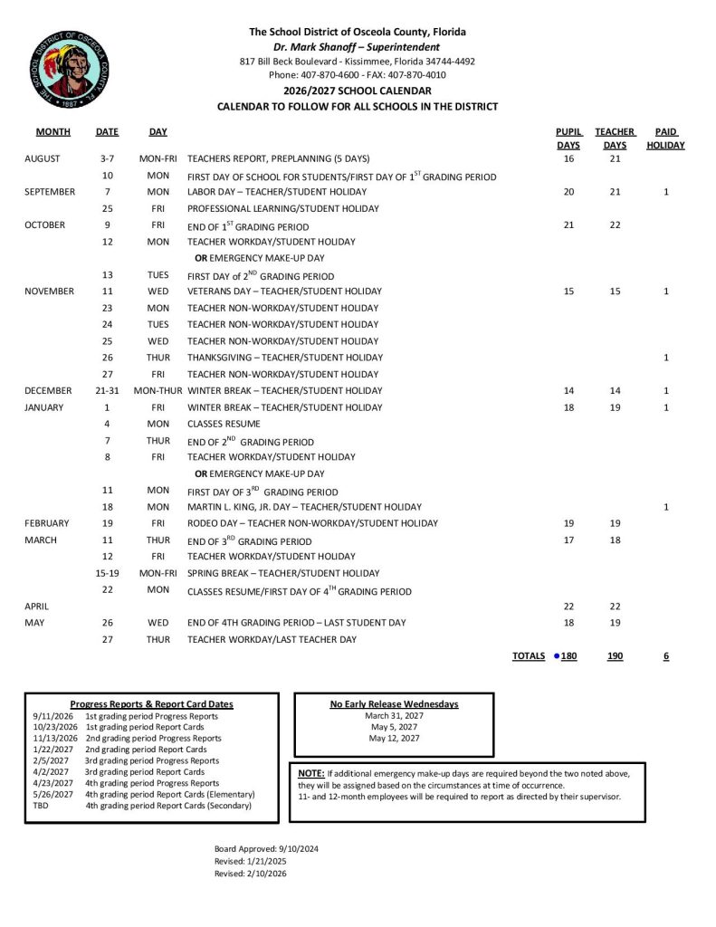 Osceola County School District Calendar 2026