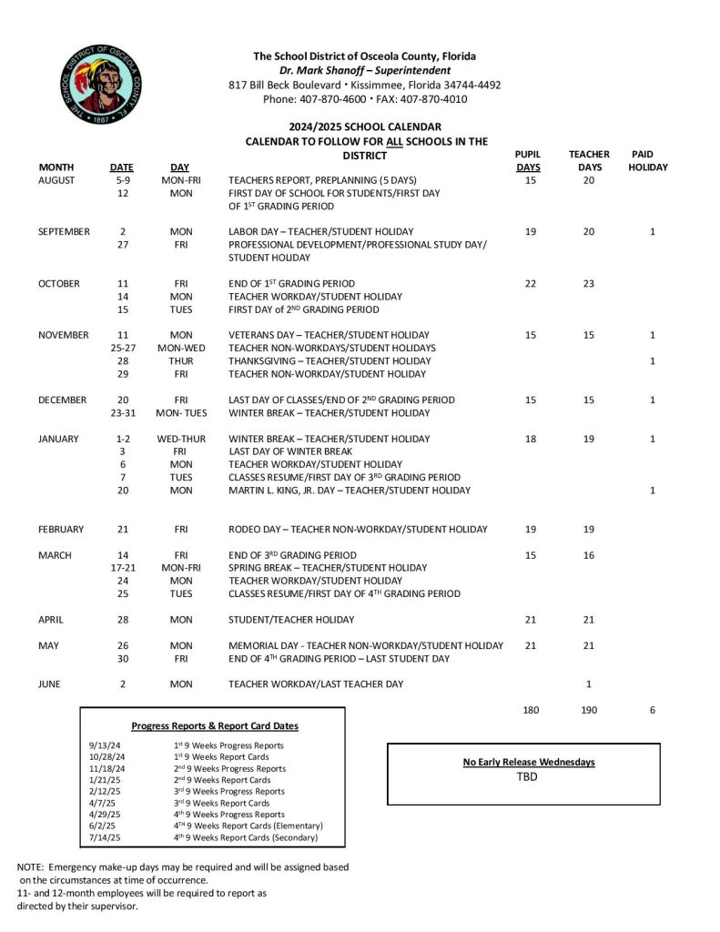 Osceola County School District Calendar