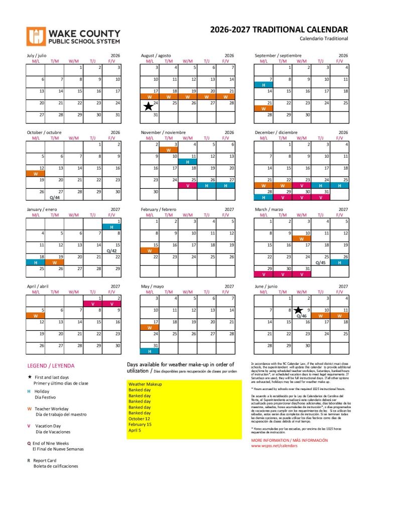 Wake County Public Schools Calendar 2026