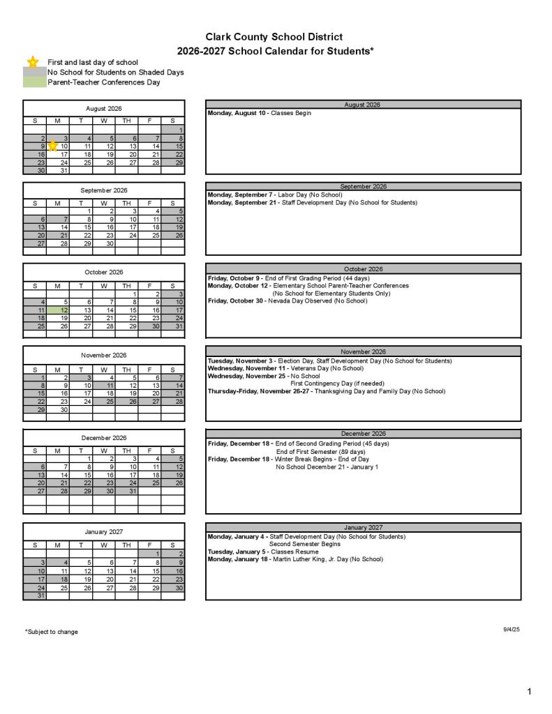 Clark County School District Calendar 2026