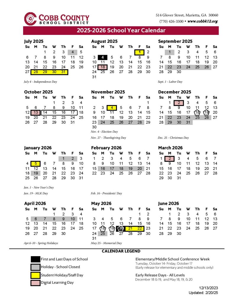 Cobb County School District Calendar 2025-2026