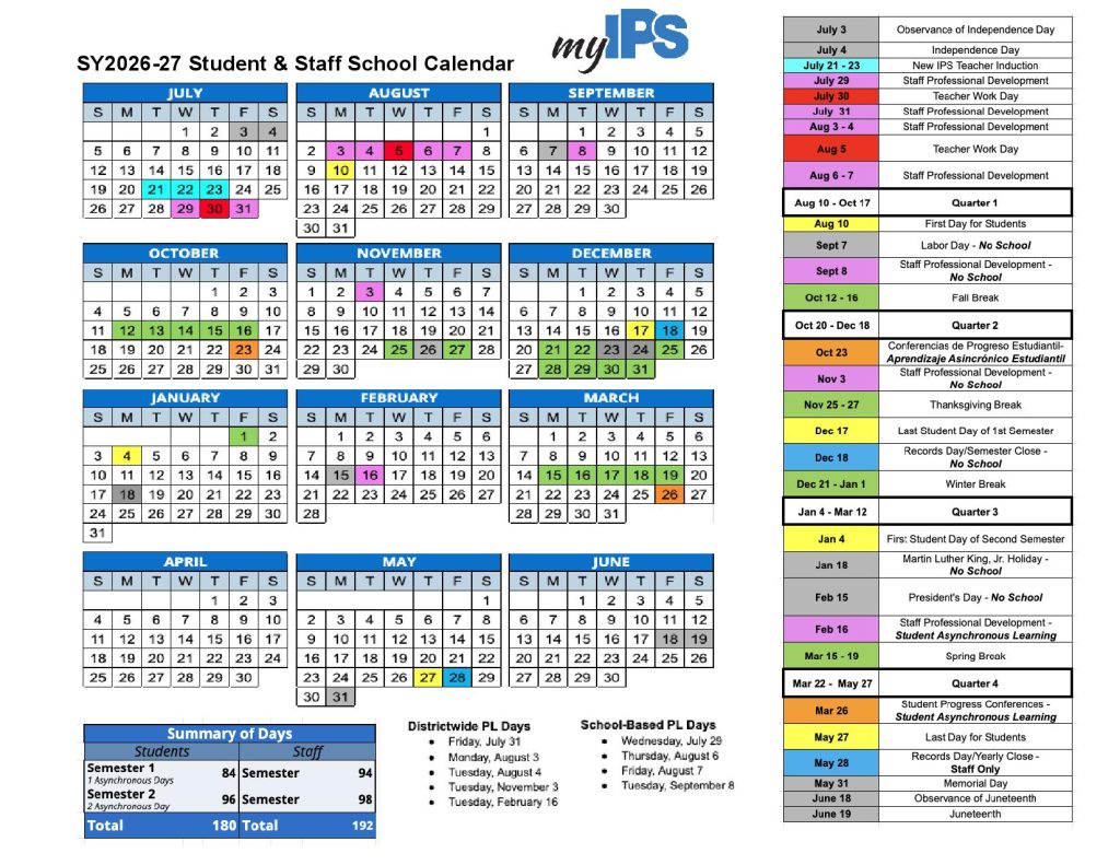 Indianapolis Public Schools Calendar 2026