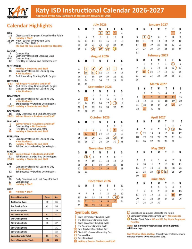 Katy Independent School District Calendar 2026
