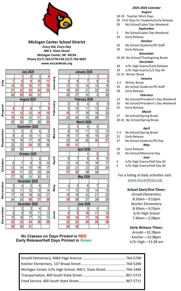 Michigan Center Schools Calendar 2026