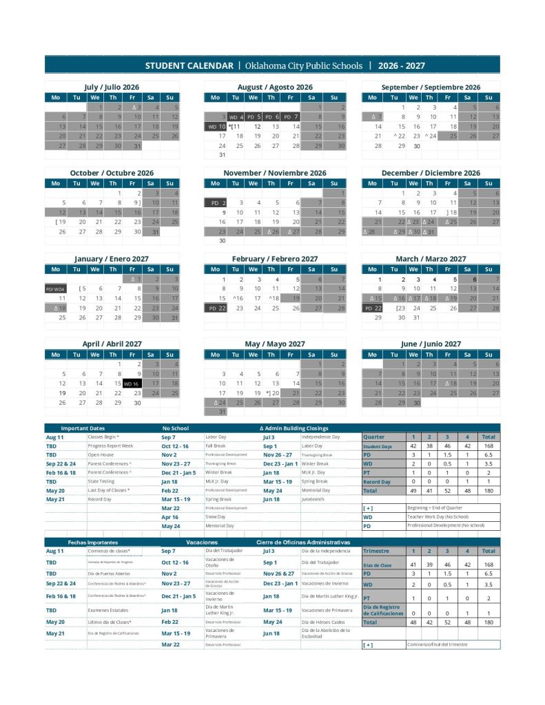 Oklahoma City Public Schools Calendar 2026-2027