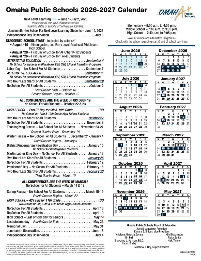 Omaha Public Schools Calendar 2026