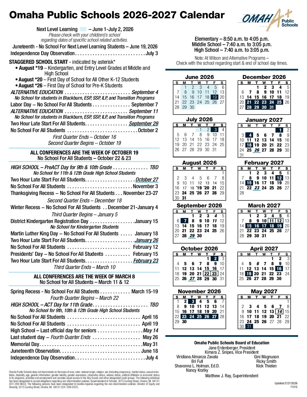 Omaha Public Schools Calendar 20262027 OPS Holidays