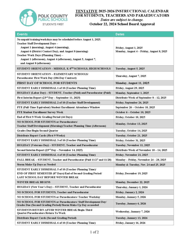 Polk County Public Schools Calendar 2025