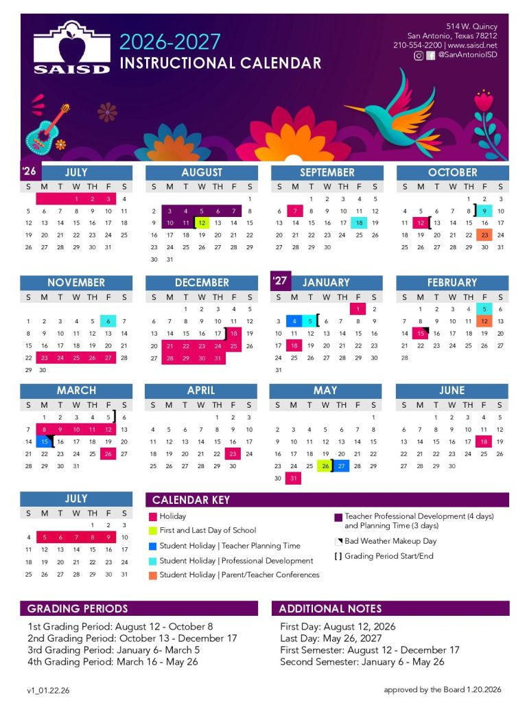 San Antonio Independent School District Calendar 2026