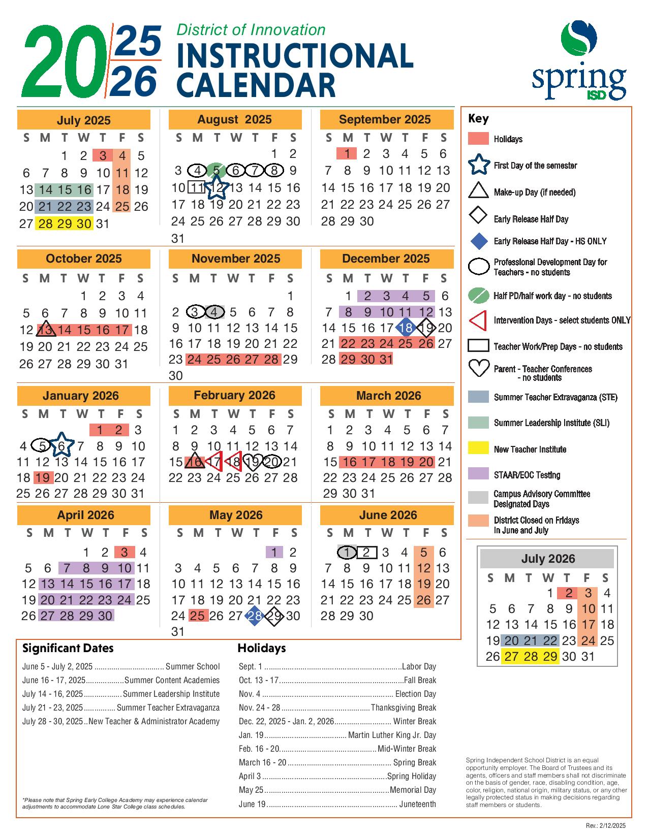 Spring Independent School District Calendar 20252026