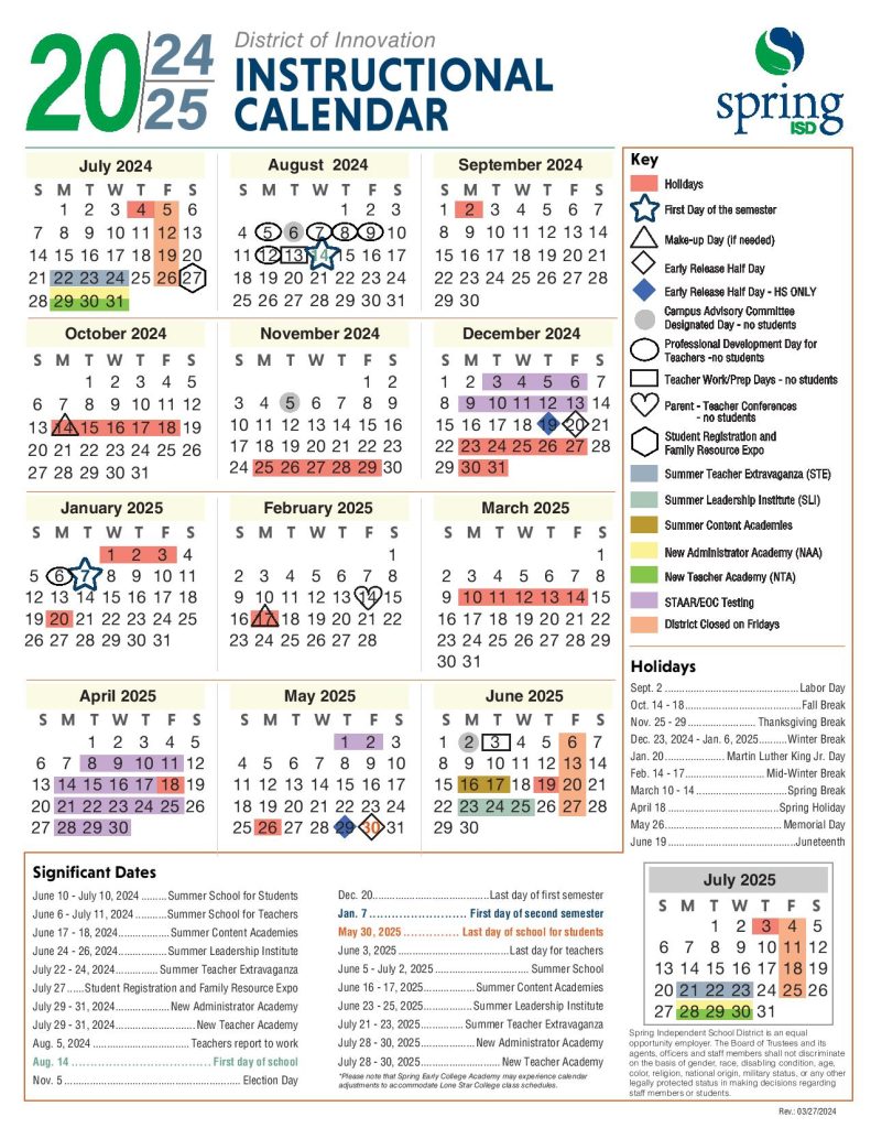 Spring Independent School District Calendar 20242025