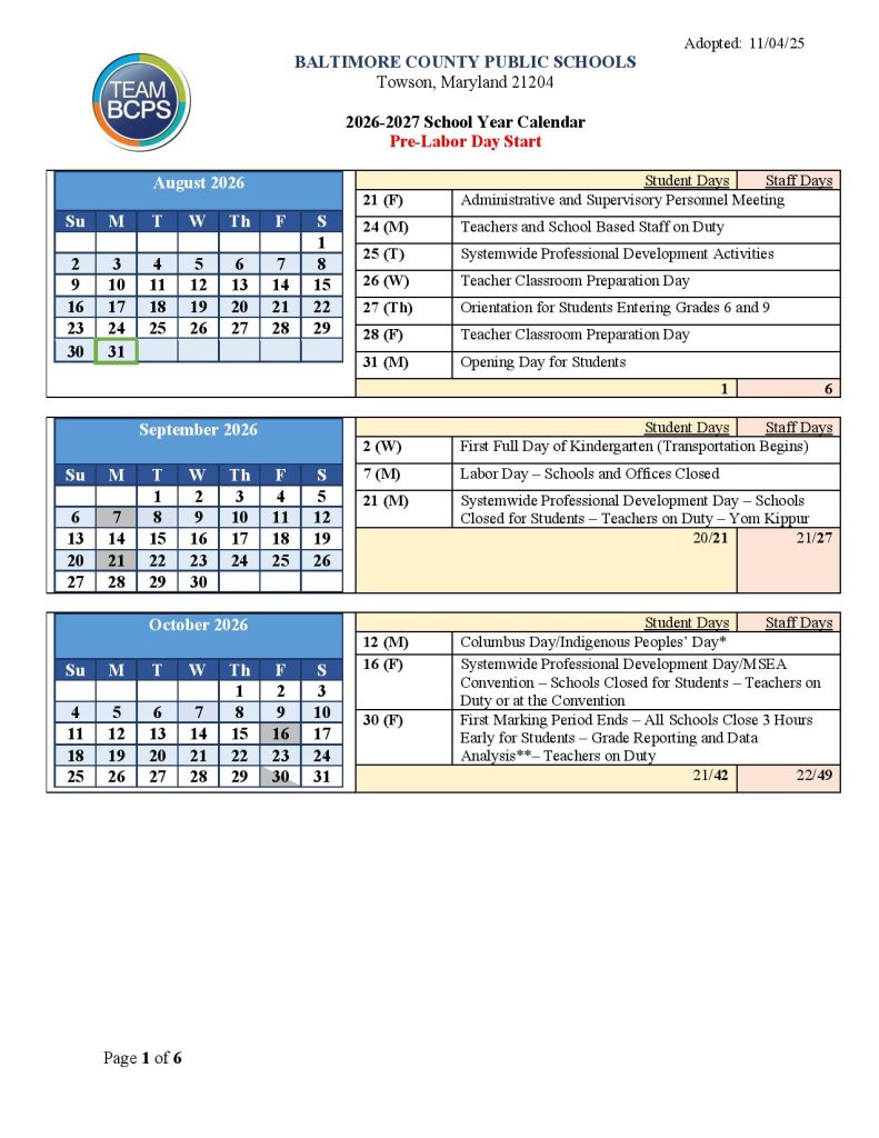 Baltimore County Public Schools Calendar 2026