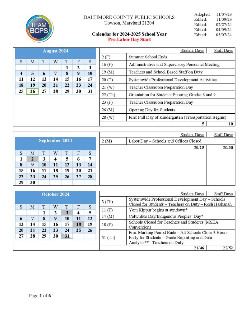 Baltimore County Public Schools Calendar 2024-25