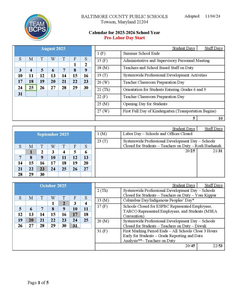 Baltimore County Public Schools Calendar 2025