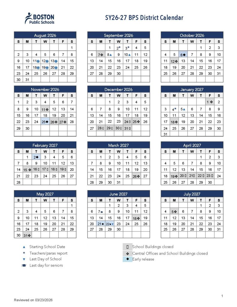 Boston Public Schools Calendar 2026-27