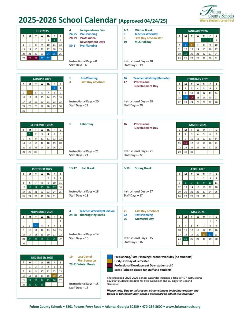 Fulton County Schools Calendar 2025-2026