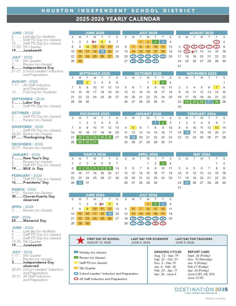 Houston Independent School District Calendar 2025-2026