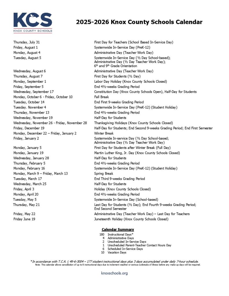 Knox County Schools Calendar 2025