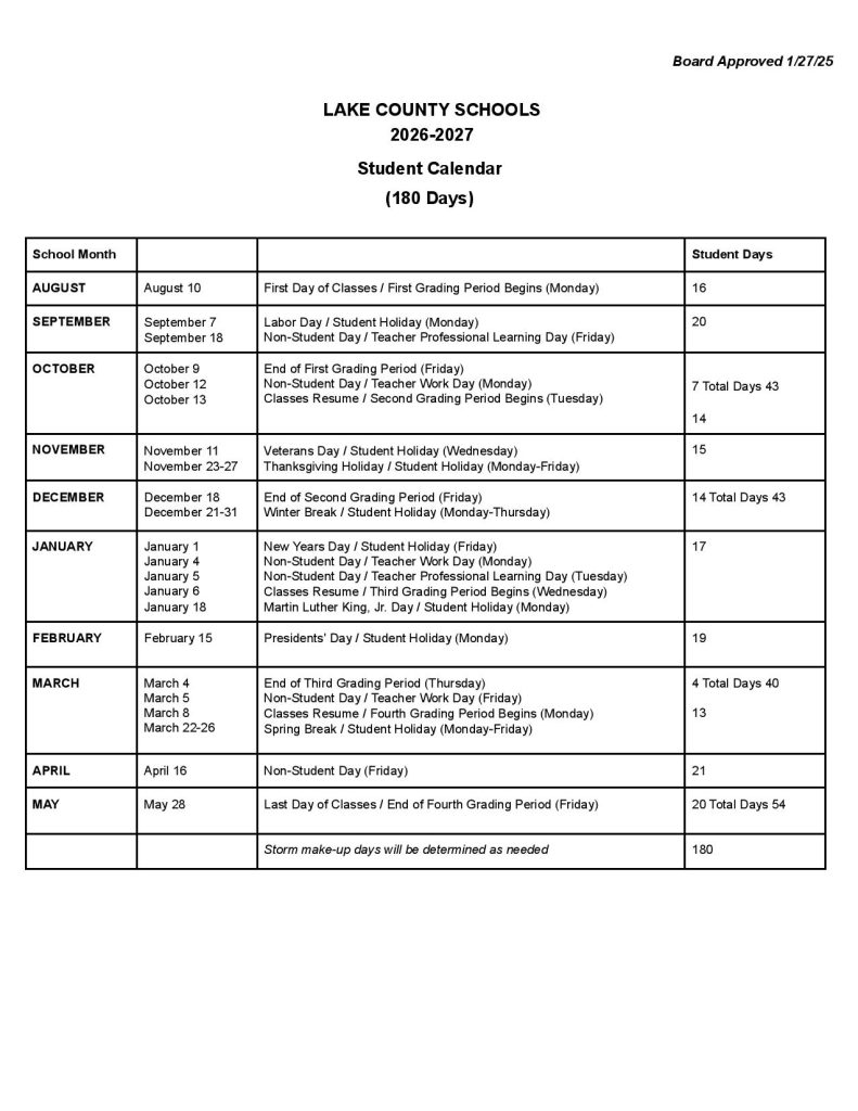 Lake County Schools Calendar 2026-2027