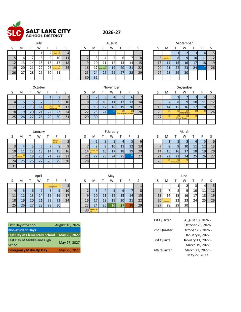 Salt Lake City School District Calendar 2026