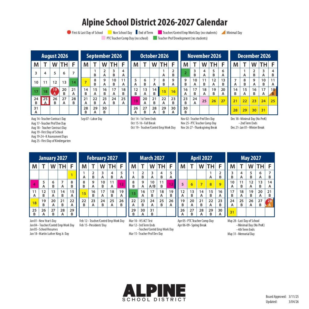 Alpine School District Calendar 2026-27