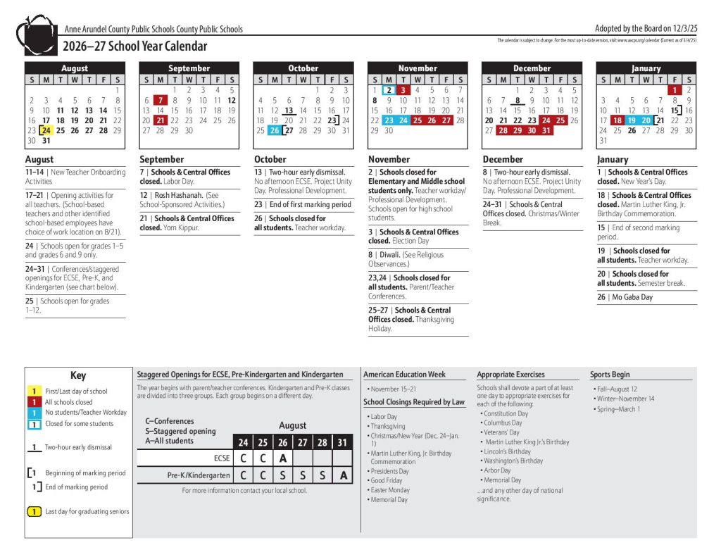 Anne Arundel County Public Schools Calendar 2026-27