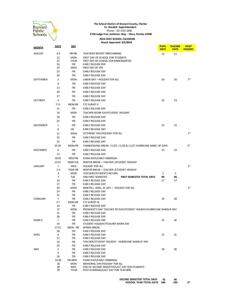 Brevard Public Schools Calendar 2024-2025 PDF | Holidays