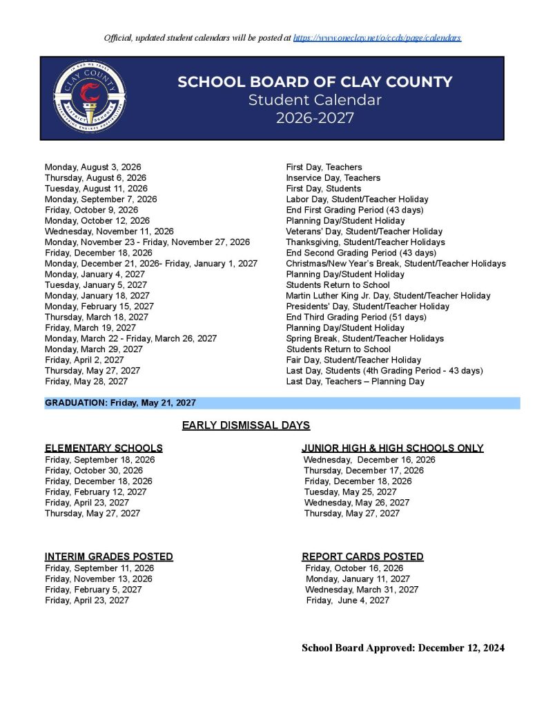 Clay County Schools Calendar 2026-27