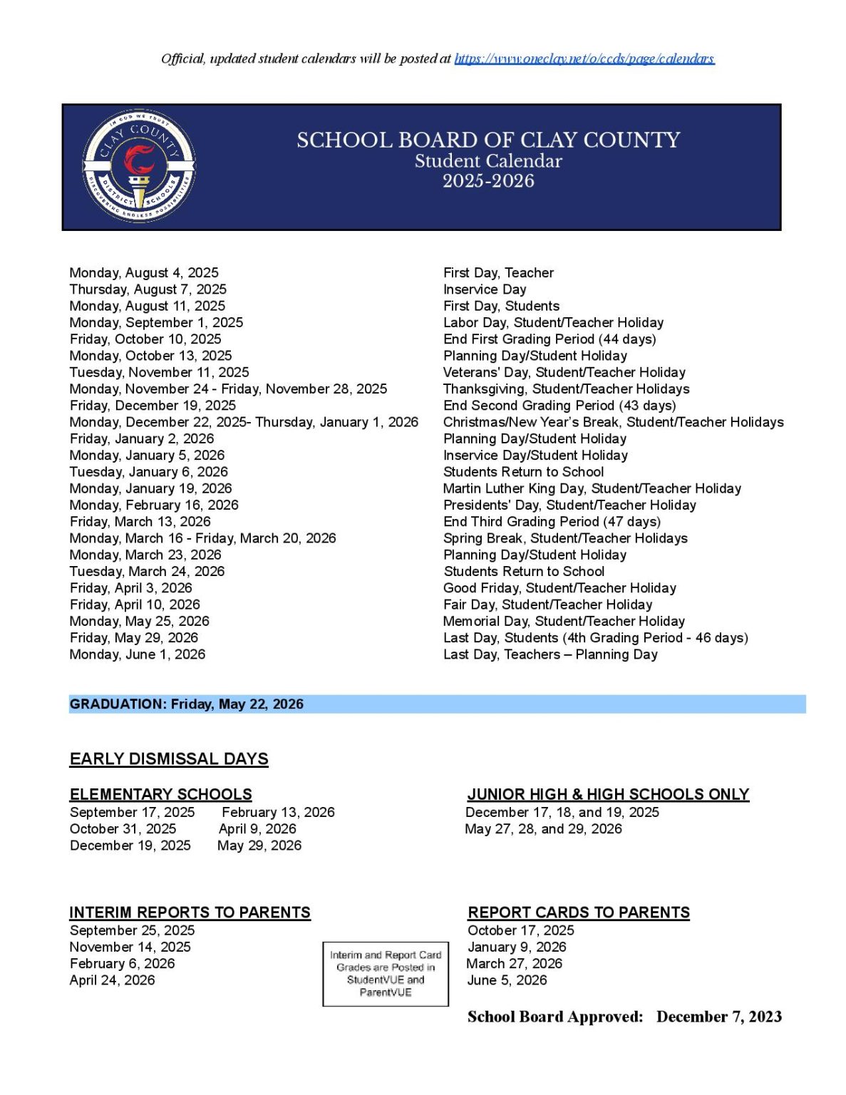 Clay County Schools Calendar 2025-2026 | Academic Holidays