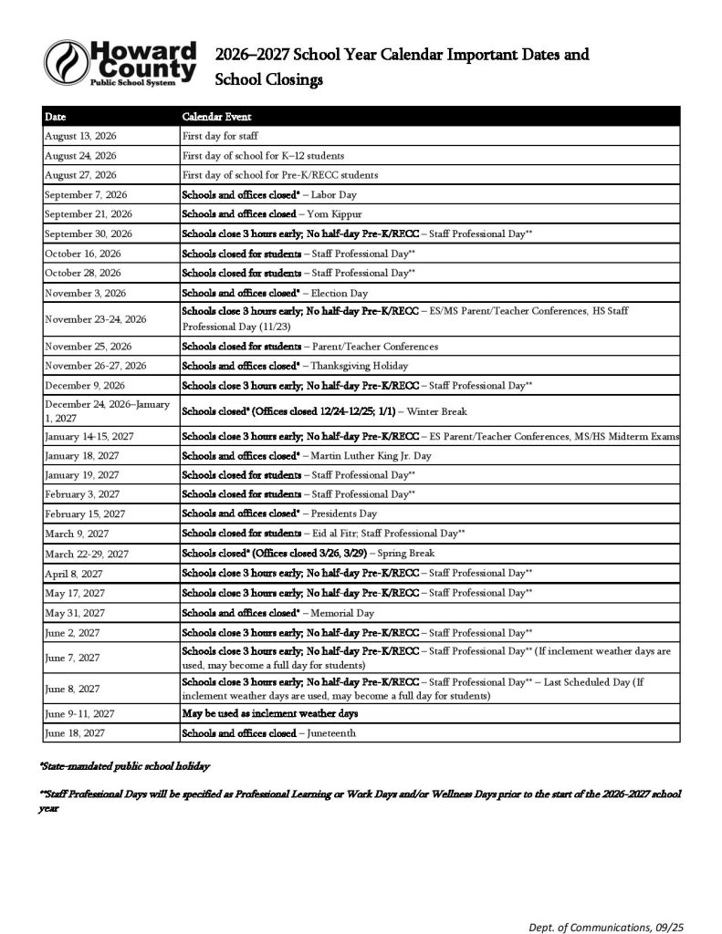 Howard County Schools Calendar 2026