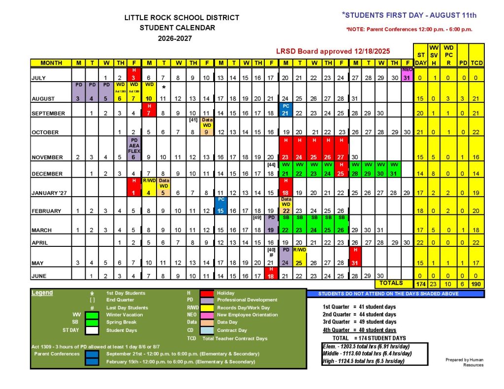 Little Rock School District Calendar 2026-27