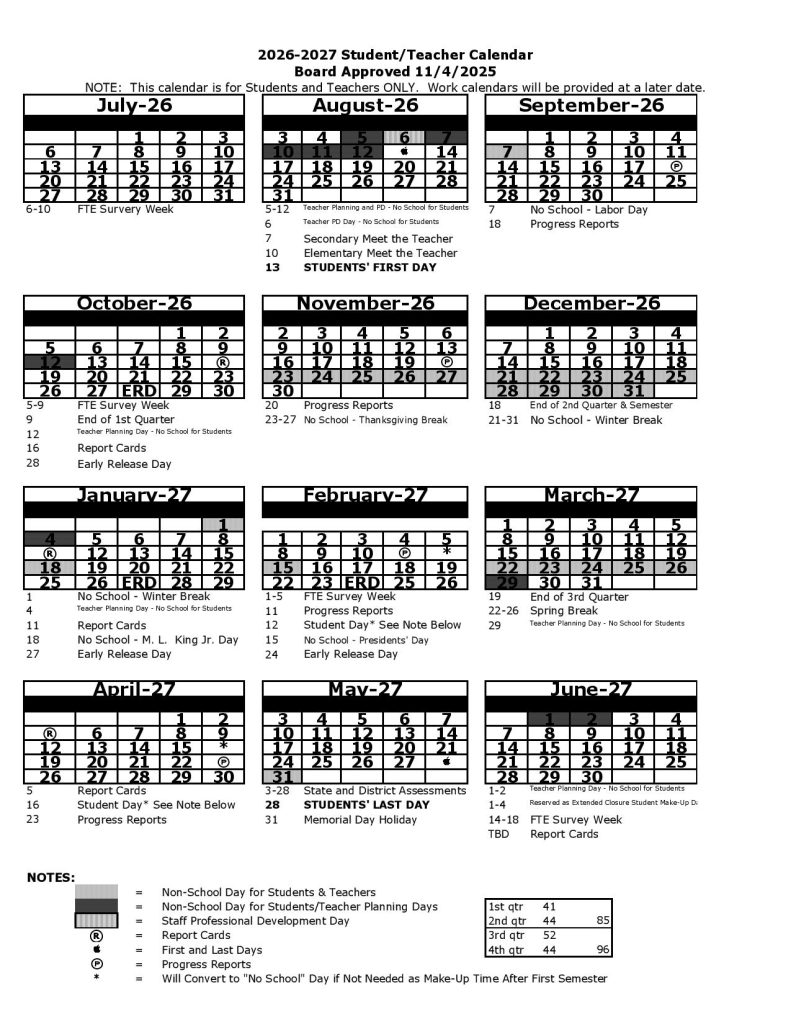 Pasco County Schools Calendar 2026-2027