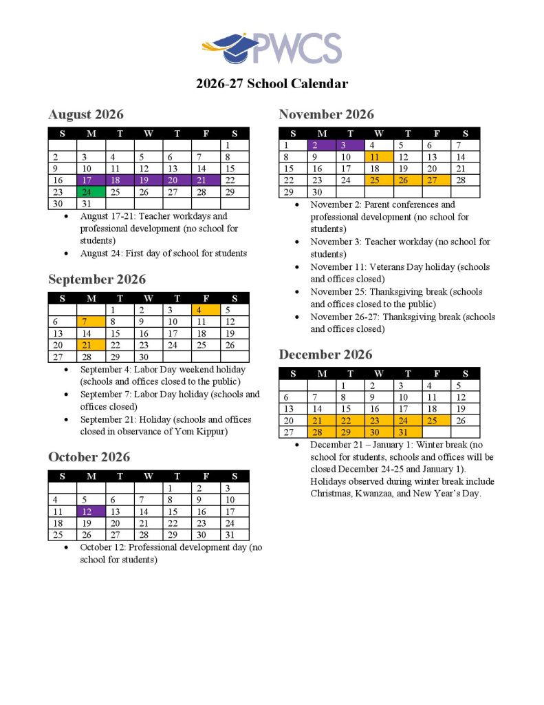 Prince William County Schools Calendar 2026-27