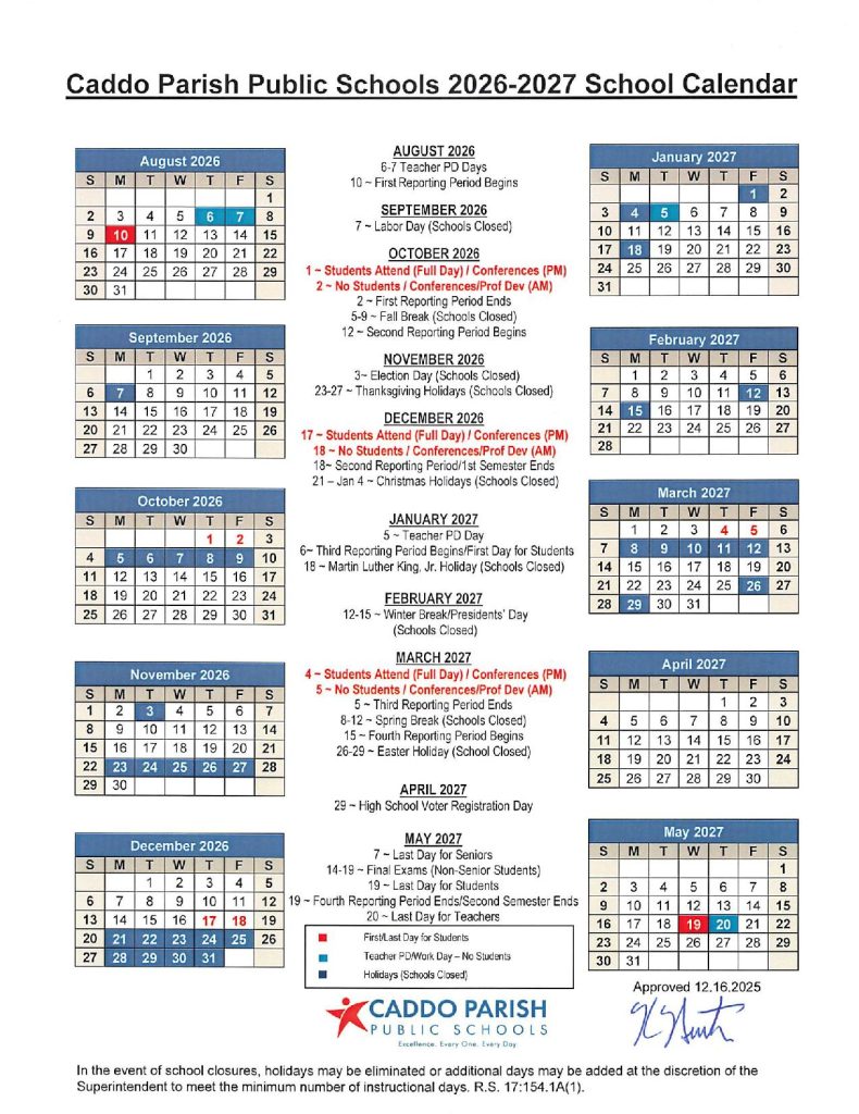 Caddo Parish Schools Calendar 2026-27