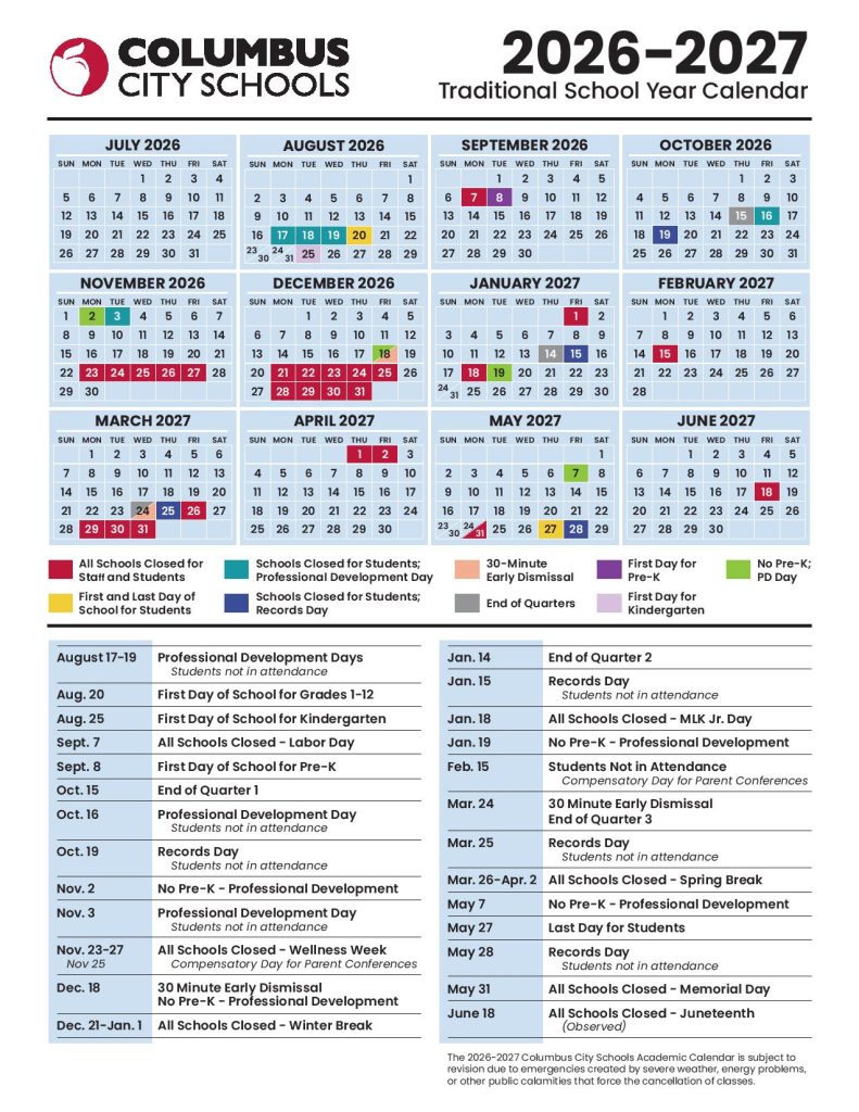 Columbus City Schools Calendar 2026-2027