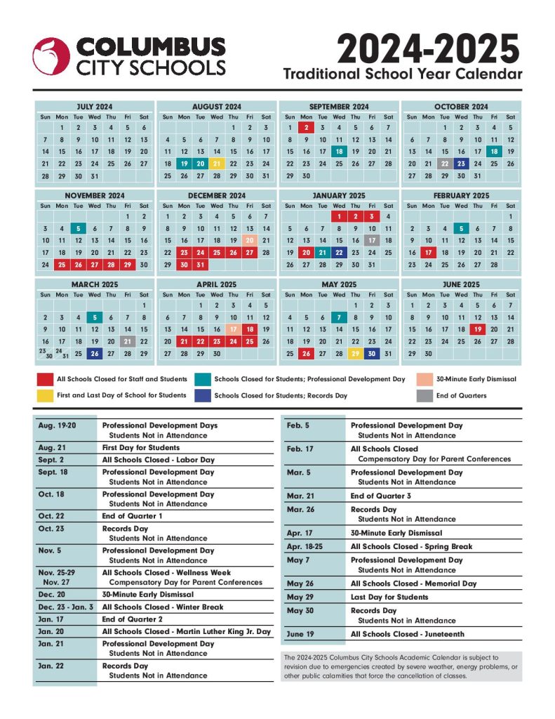 Columbus City Schools Calendar