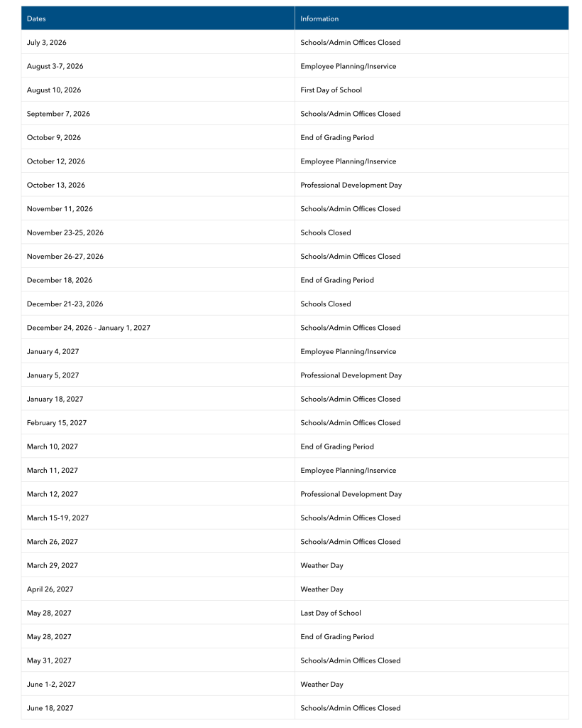 Duval County Schools Calendar 2026-2027