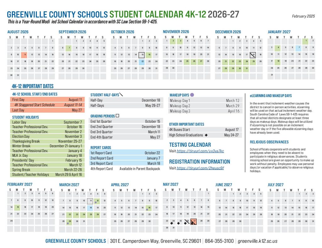 Greenville County Schools Calendar 2026-27