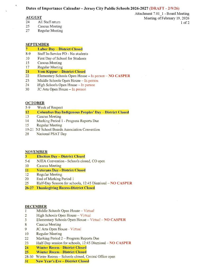 Jersey City Public Schools Calendar 2026-27