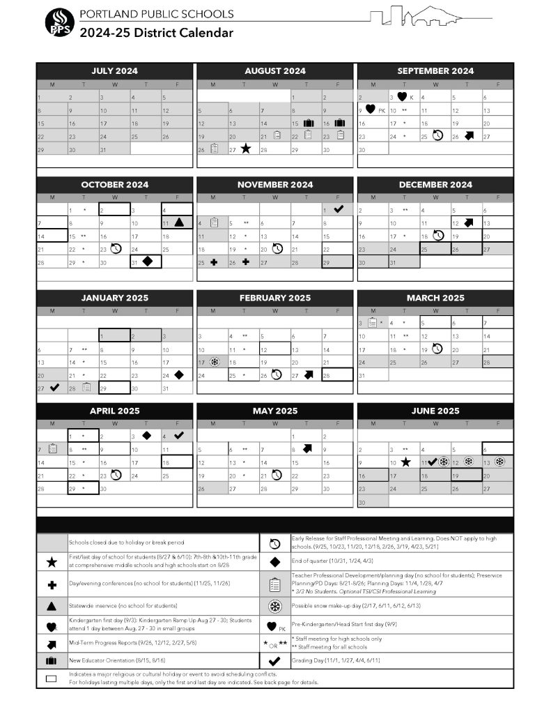 Portland Public Schools Calendar