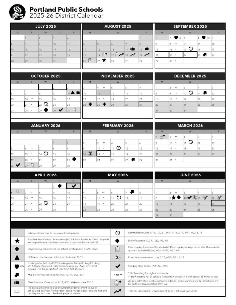 Portland Public Schools Calendar 2025-2026