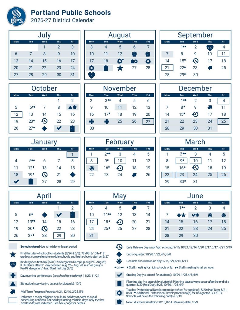 Portland Public Schools Calendar 2026-2027