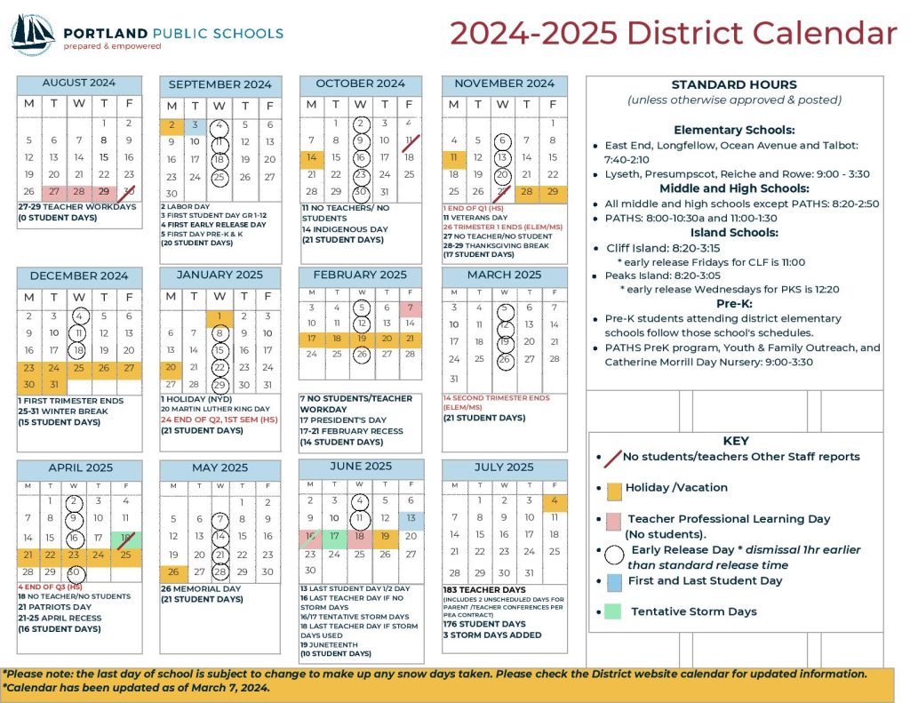 Portland Public Schools Calendar