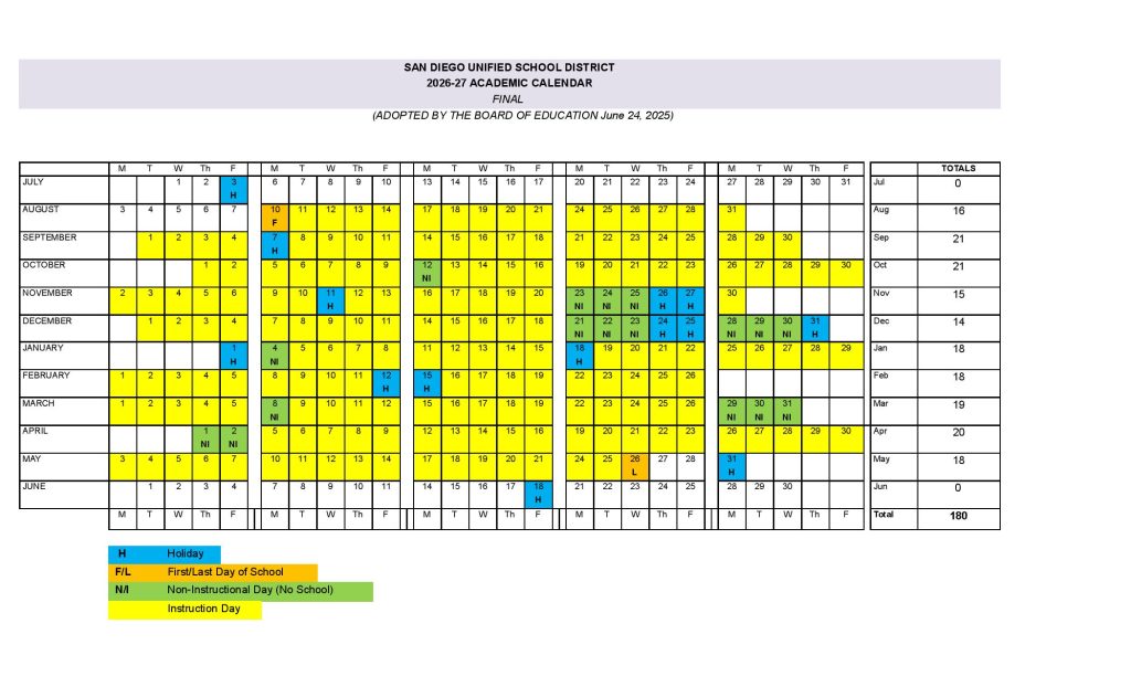 San Diego Unified School District Calendar 2026-2027
