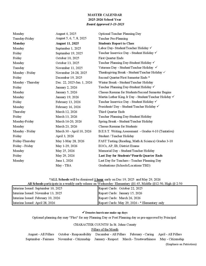 St Johns County Schools Calendar 2025-2026