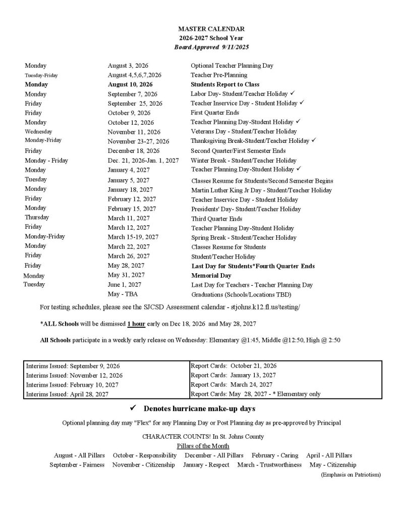 St Johns County Schools Calendar 2026-2027